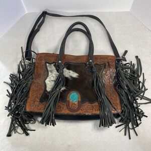 Haute Southern Hyde Western Fringe Leather Tote Cowhide Turquoise Boho Bag